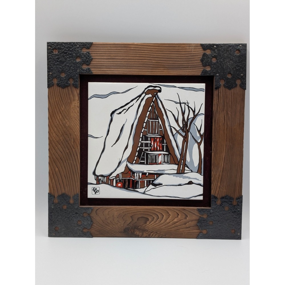 Vintage Japanese Art Tile‎ Gassho-zukuri Shirakawa-go Winter Scene Framed Wood